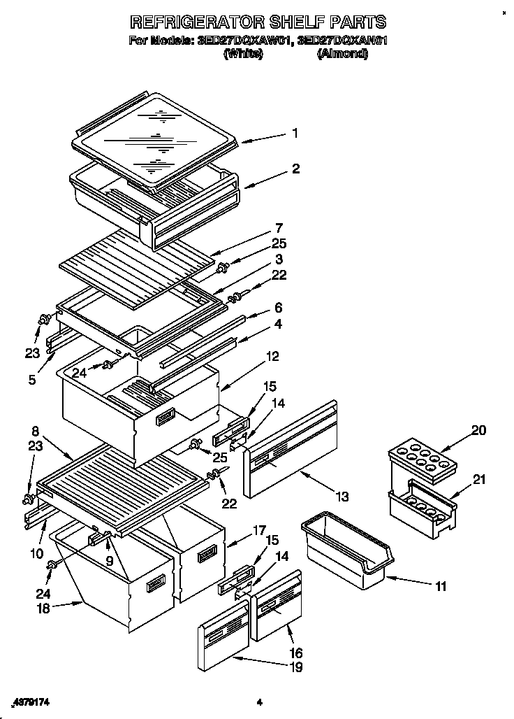Whirlpool 3ED27DQXAW01 refrigerator shelf diagram