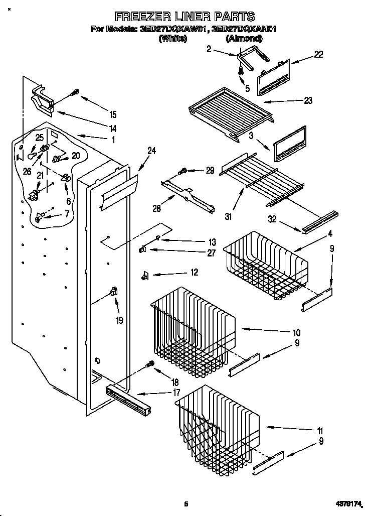 Whirlpool 3ED27DQXAW01 freezer liner diagram