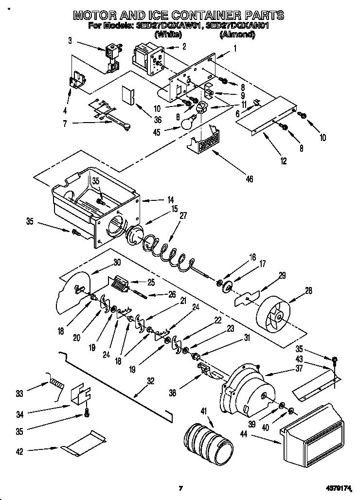 Whirlpool 3ED27DQXAW01 motor and ice container diagram
