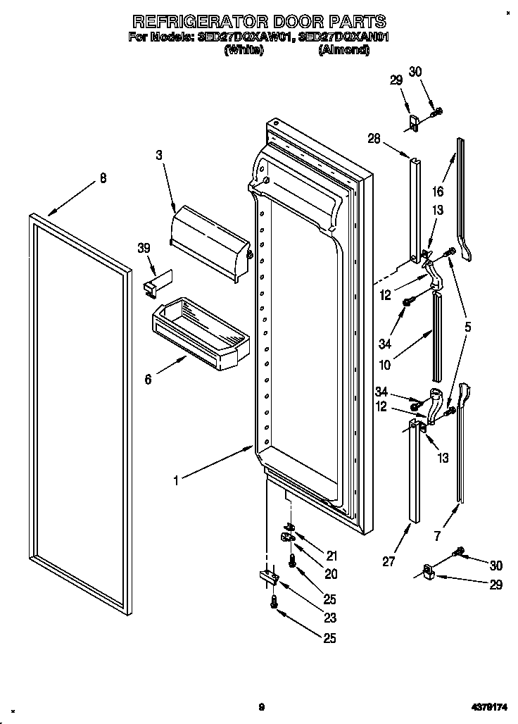 Whirlpool 3ED27DQXAW01 refrigerator door diagram