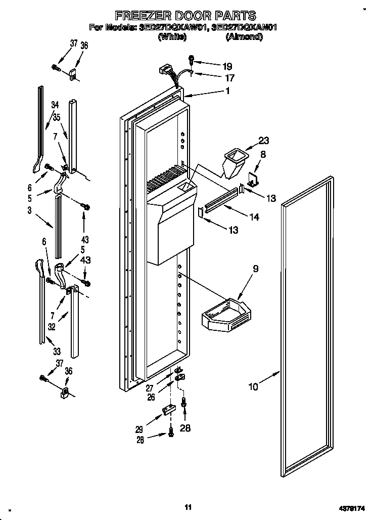 Whirlpool 3ED27DQXAW01 freezer door diagram