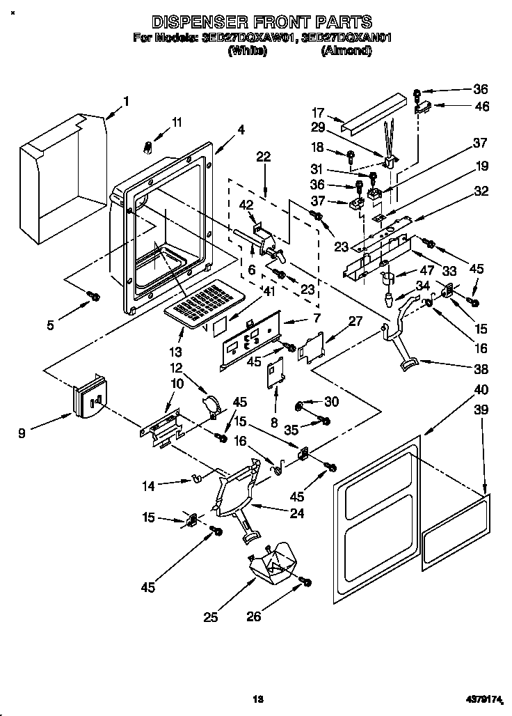 Whirlpool 3ED27DQXAW01 dispenser front diagram