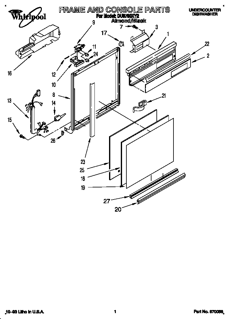 Whirlpool DU9700XY2 frame and console diagram