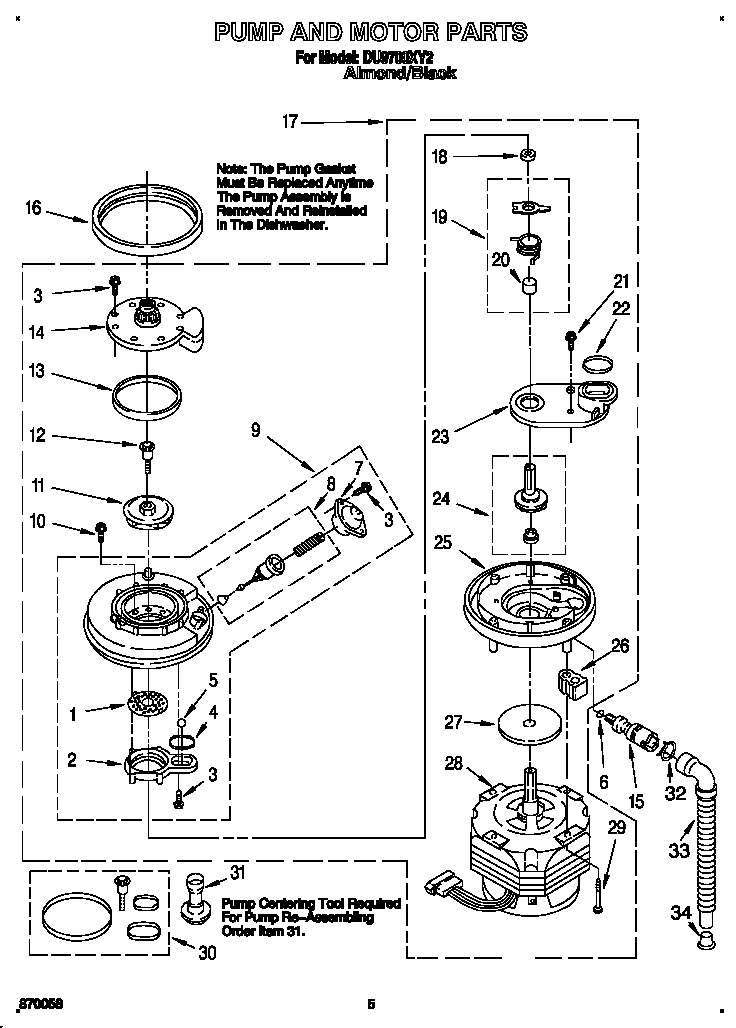 Whirlpool DU9700XY2 pump and motor diagram