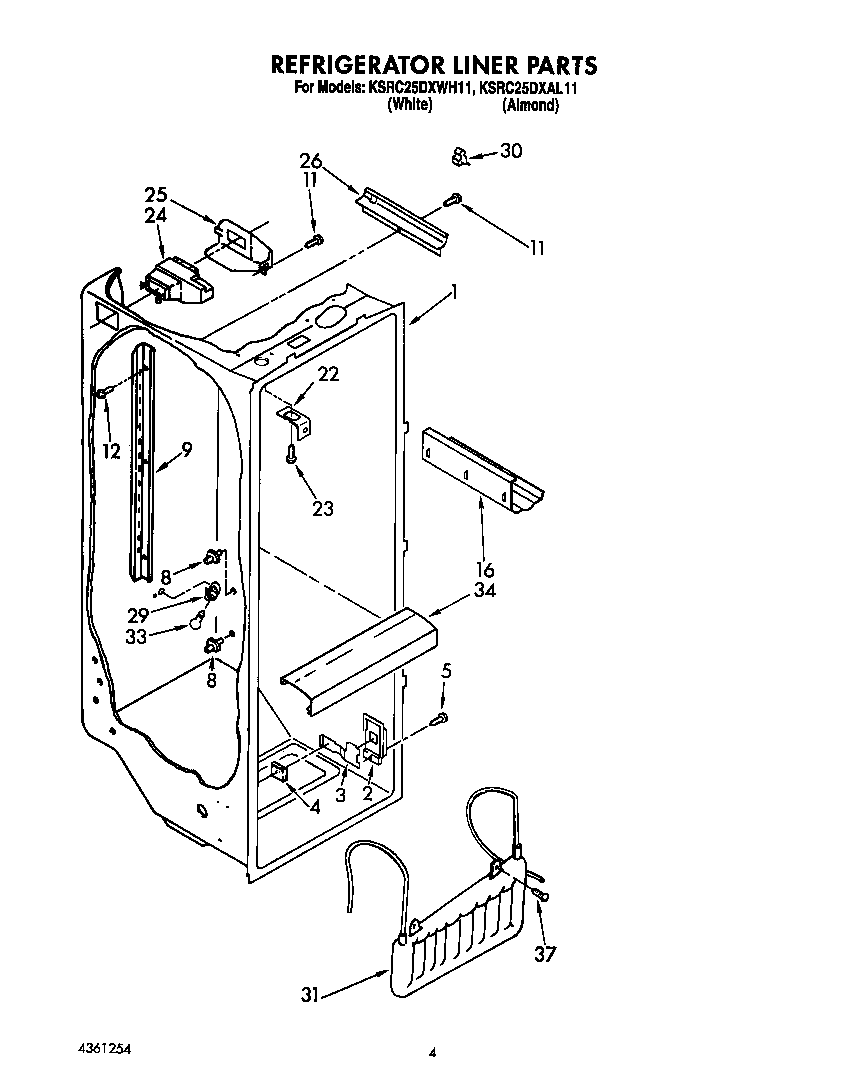KitchenAid KSRC25DXWH11 refrigerator liner diagram