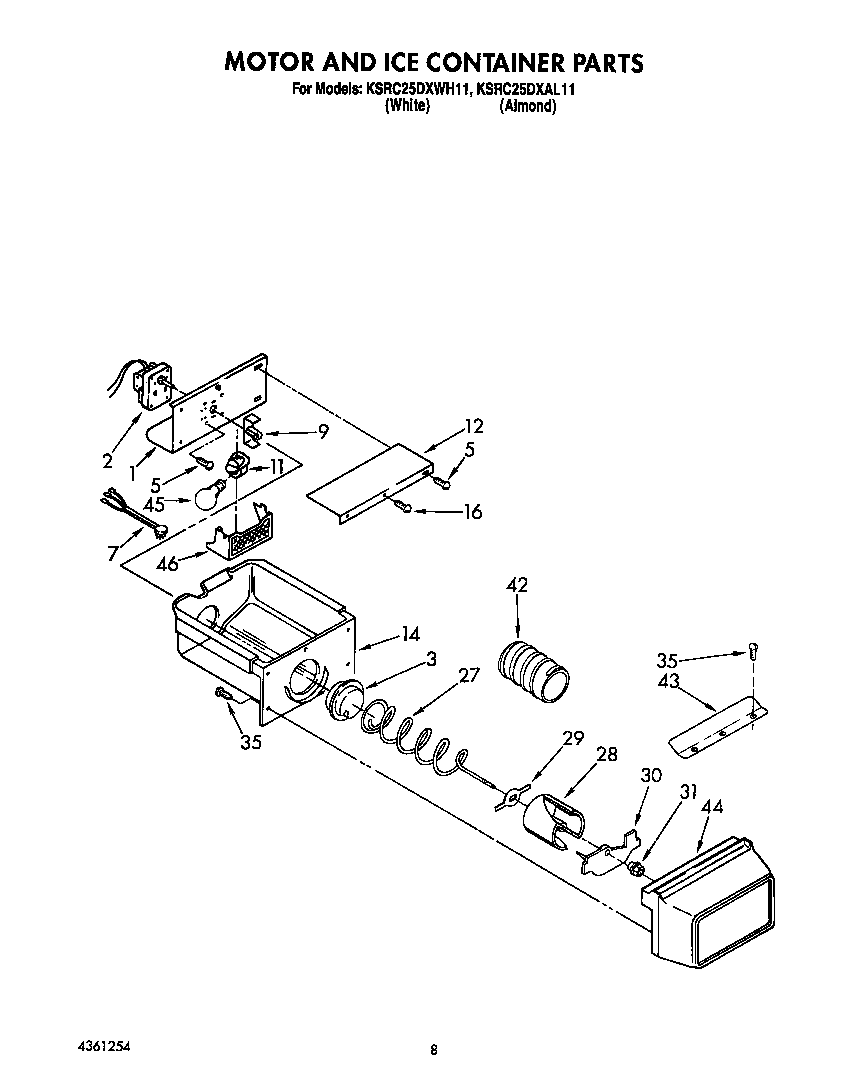 KitchenAid KSRC25DXWH11 motor and ice container diagram