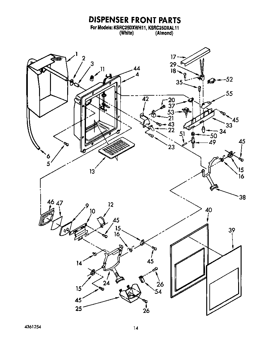 KitchenAid KSRC25DXWH11 dispenser front diagram