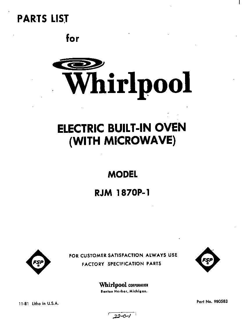 Whirlpool RJM1870P1 front cover diagram