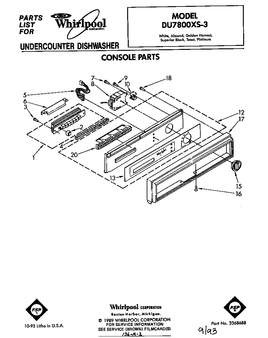 Whirlpool DU7800XS3 console diagram