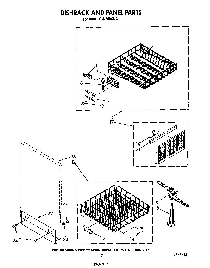 Whirlpool DU7800XS3 dishrack and panel diagram