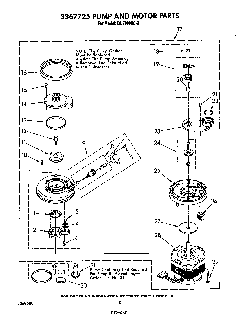 Whirlpool DU7800XS3 3367725 pump and motor diagram