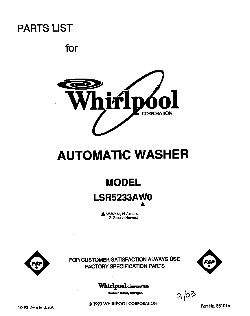 Whirlpool LSR5233AW0 front cover diagram