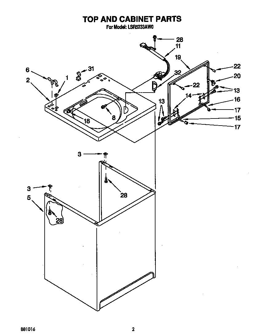 Whirlpool LSR5233AW0 top and cabinet diagram