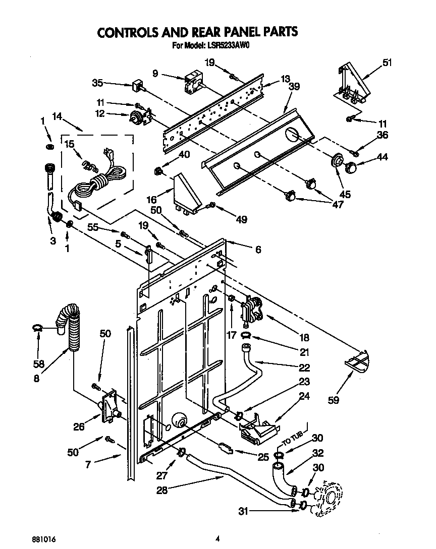 Whirlpool LSR5233AW0 controls and rear panel diagram