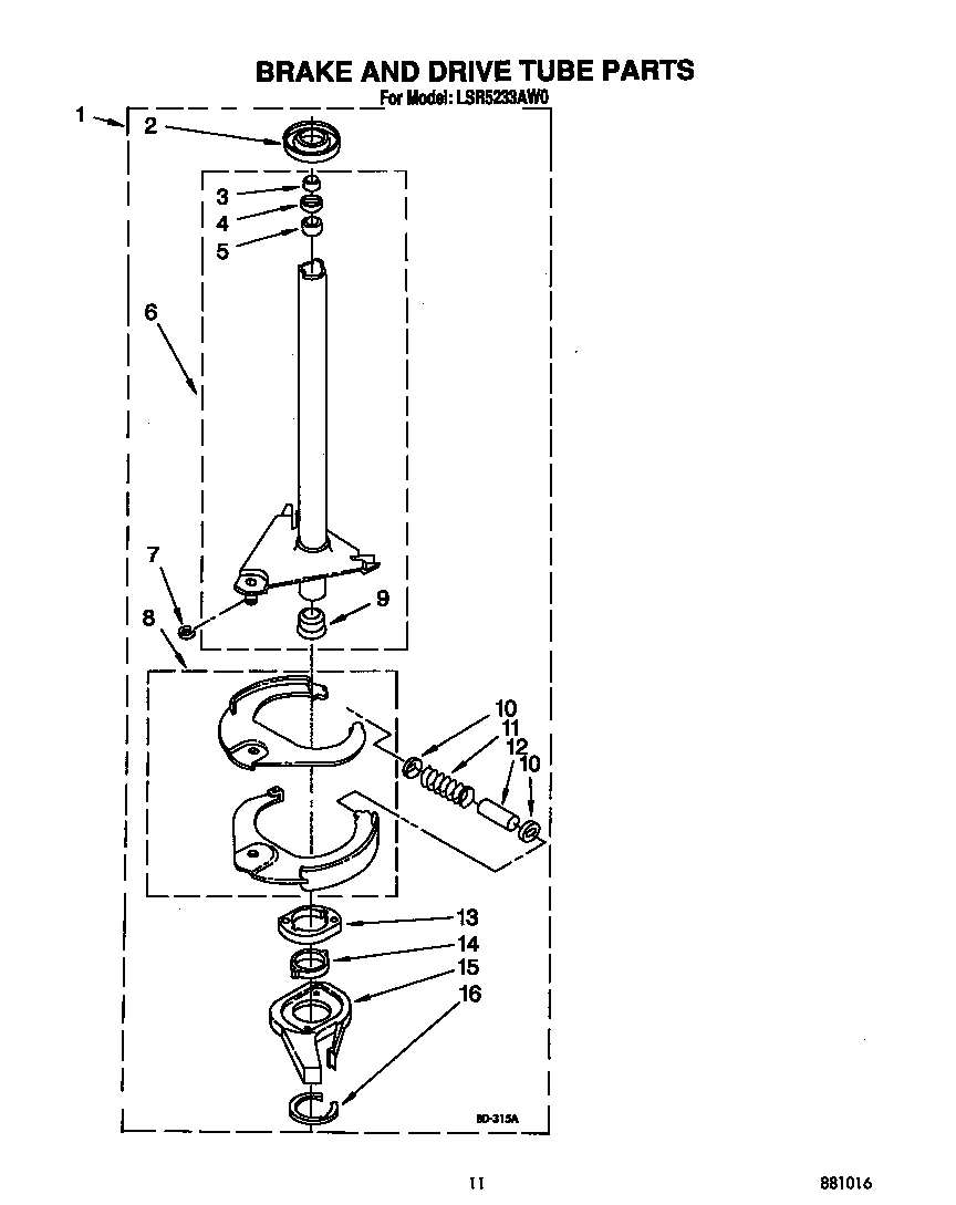Whirlpool LSR5233AW0 brake and drive tube diagram