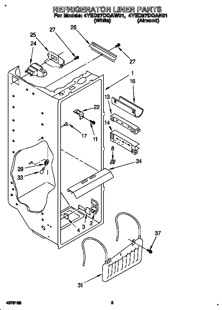 Whirlpool 4YED27DQAW01 refrigerator liner diagram