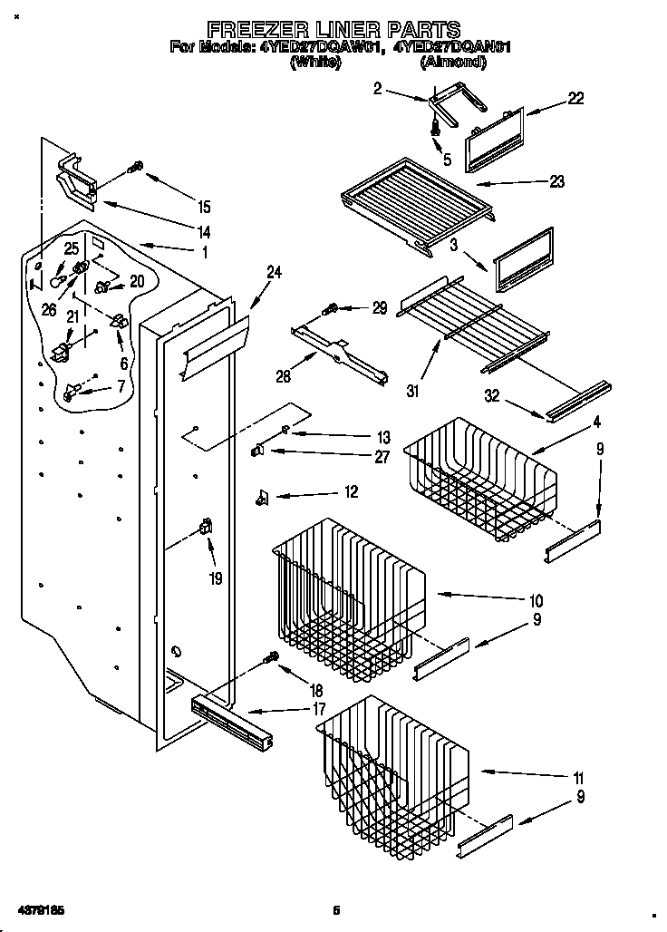 Whirlpool 4YED27DQAW01 freezer liner diagram