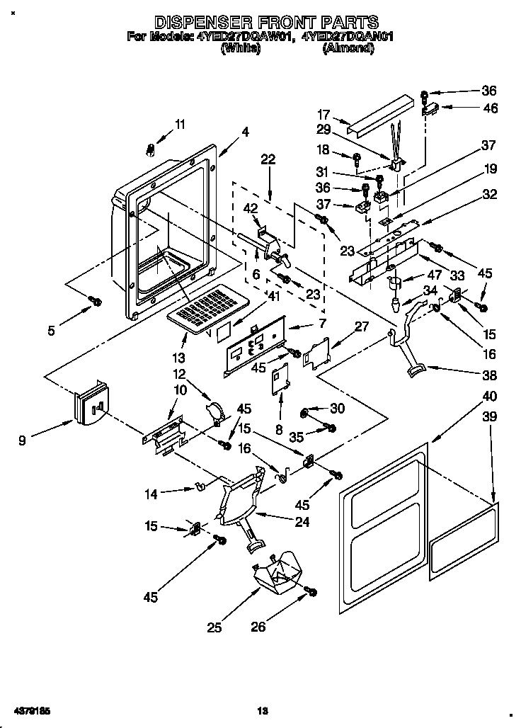 Whirlpool 4YED27DQAW01 dispenser front diagram