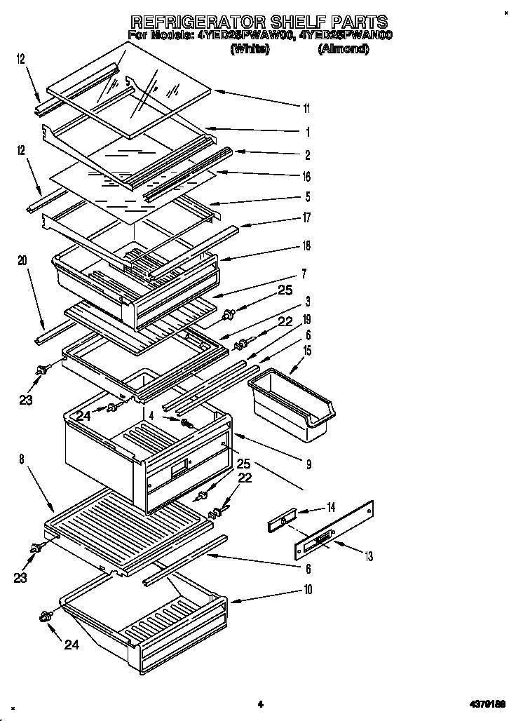 Whirlpool 4YED25PWAW00 refrigerator shelf diagram