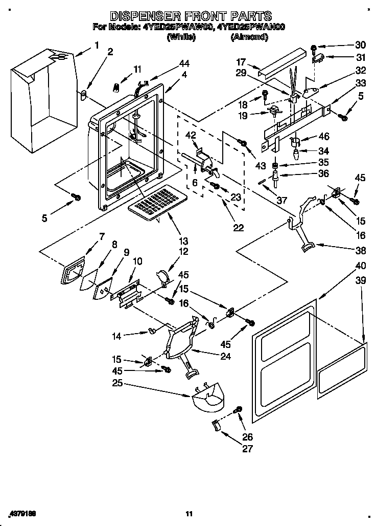 Whirlpool 4YED25PWAW00 dispenser front diagram