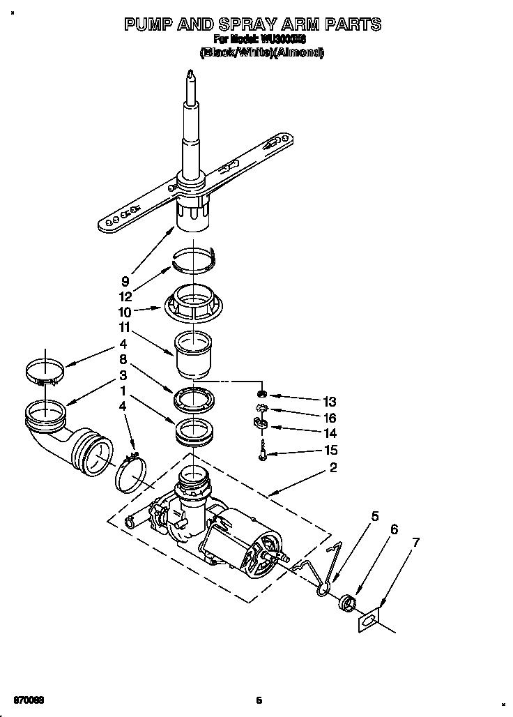 Roper WU3000X6 pump and spray arm diagram