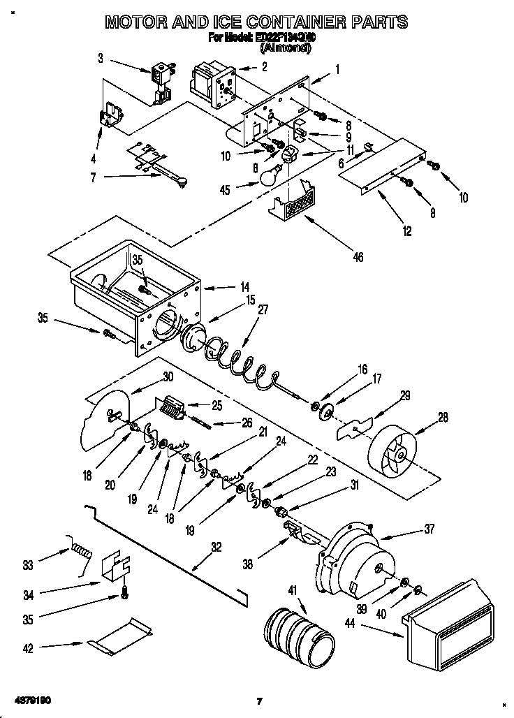 Whirlpool ED22F134QN0 motor and ice container diagram