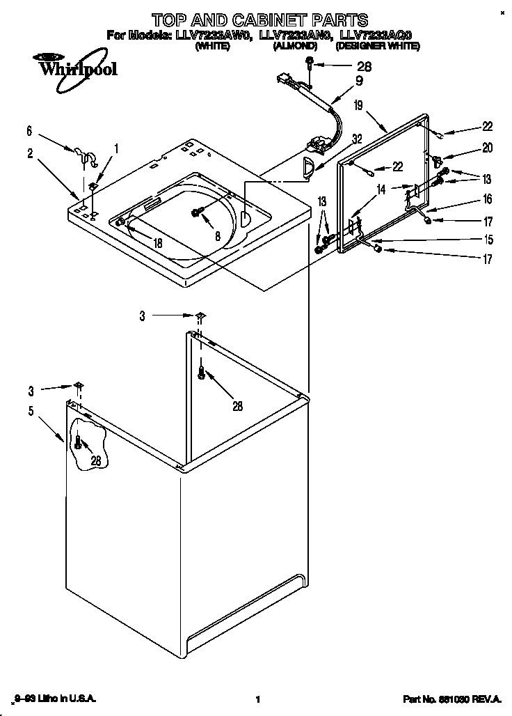 Whirlpool LLV7233AW0 top and cabinet diagram