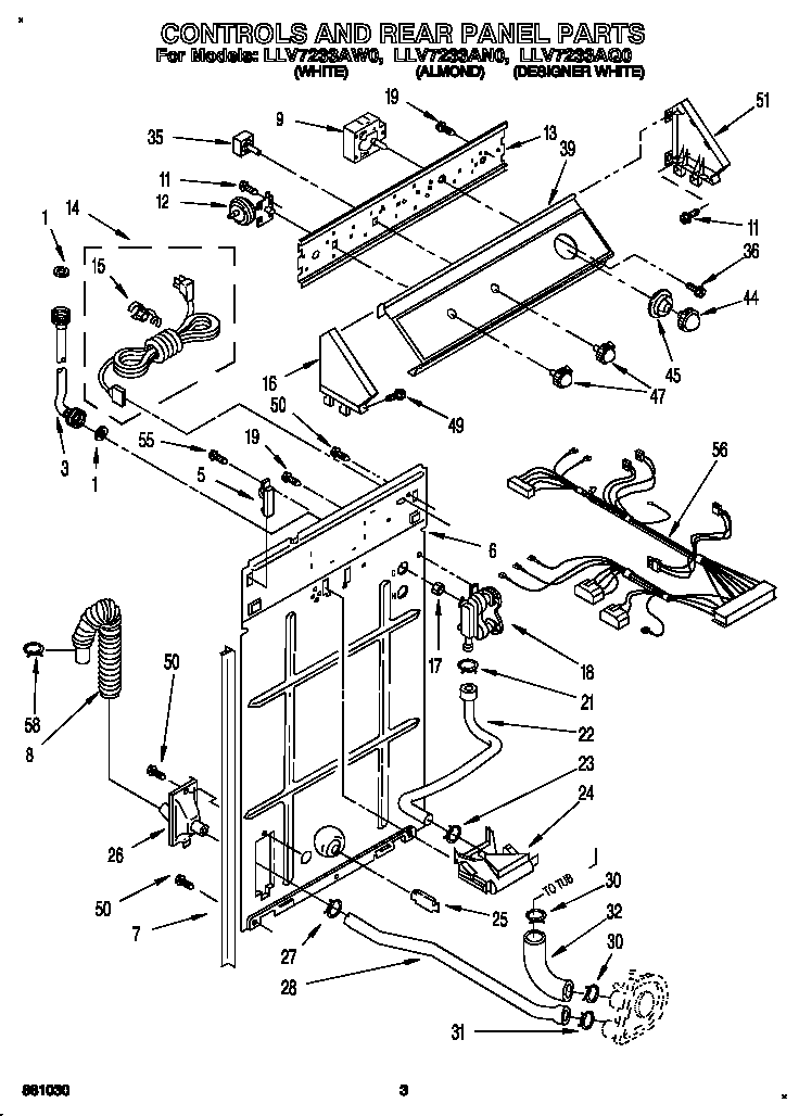 Whirlpool LLV7233AW0 controls and rear panel diagram