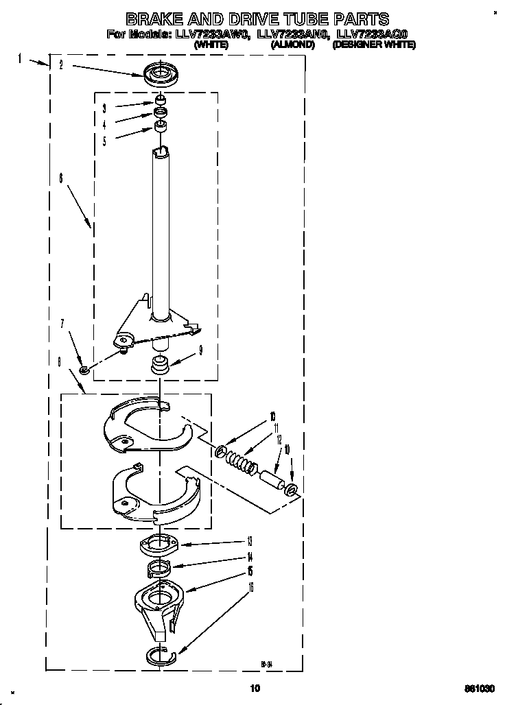 Whirlpool LLV7233AW0 brake and drive tube diagram