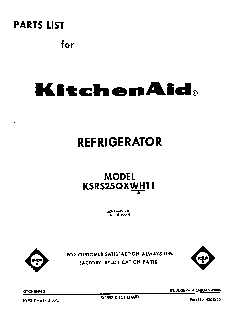 KitchenAid KSRS25QXWH11 front cover diagram