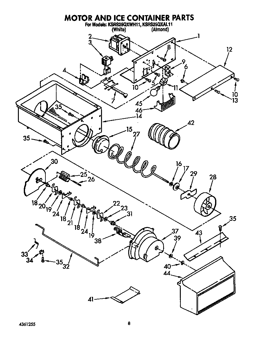 KitchenAid KSRS25QXWH11 motor and ice container diagram