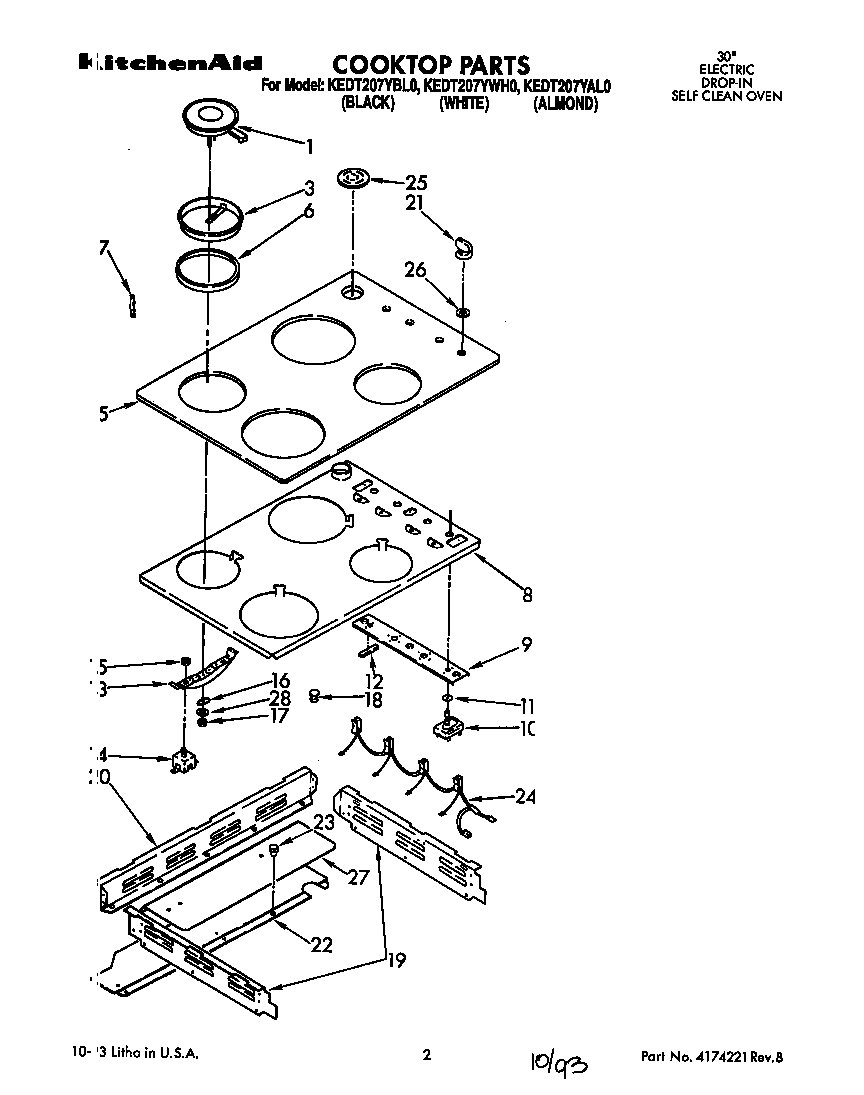 KitchenAid KEDT207YWH0 cooktop diagram