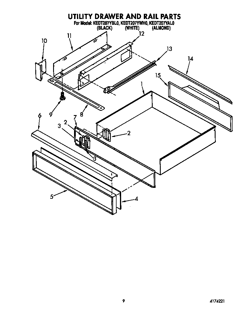 KitchenAid KEDT207YWH0 utility drawer and rail diagram
