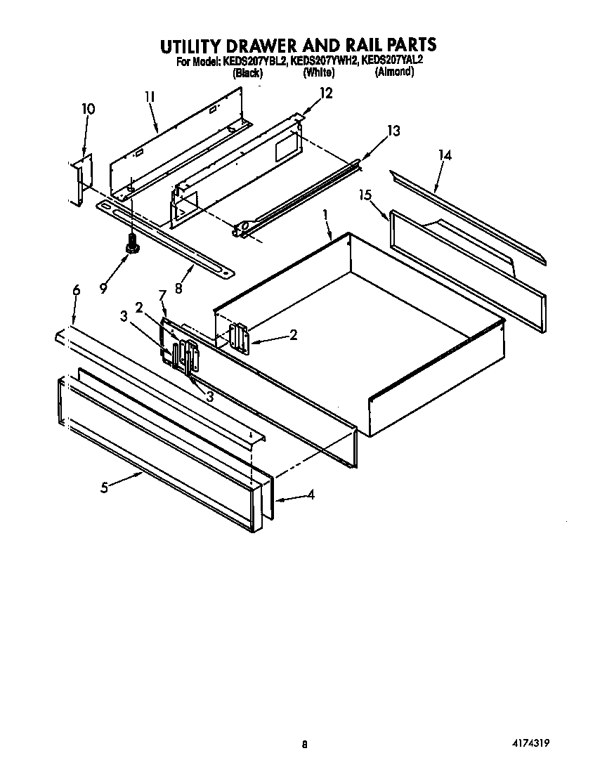 KitchenAid KEDS207YWH2 utility drawer and rail diagram