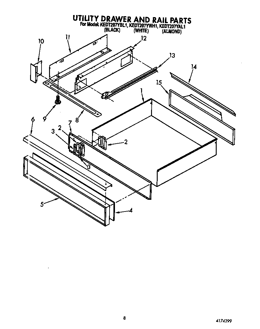 KitchenAid KEDT207YWH1 utility drawer and rail diagram