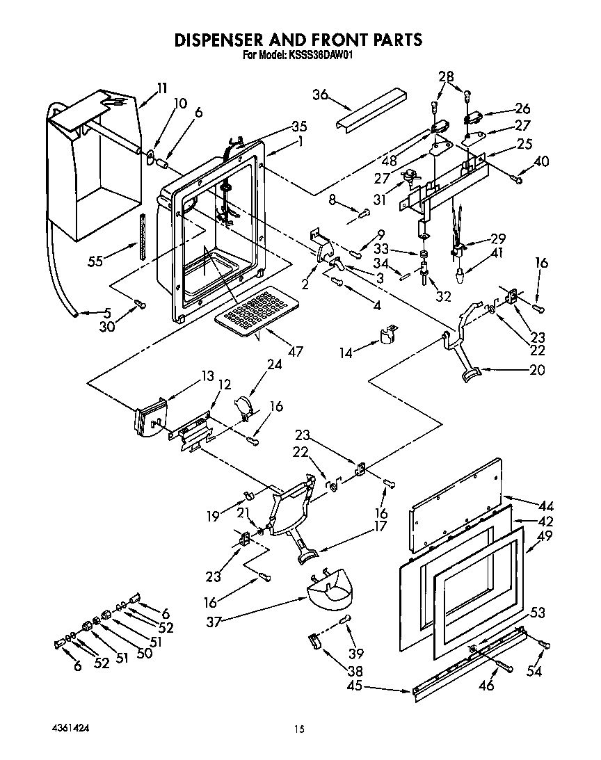 KitchenAid KSSS36DAW01 dispenser and front diagram