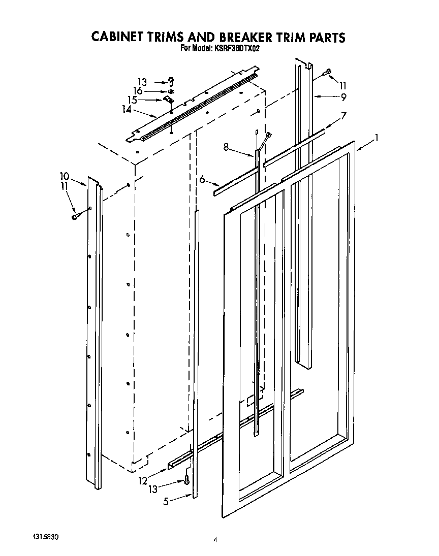 KitchenAid KSRF36DTX02 cabinet trims and breaker trim diagram