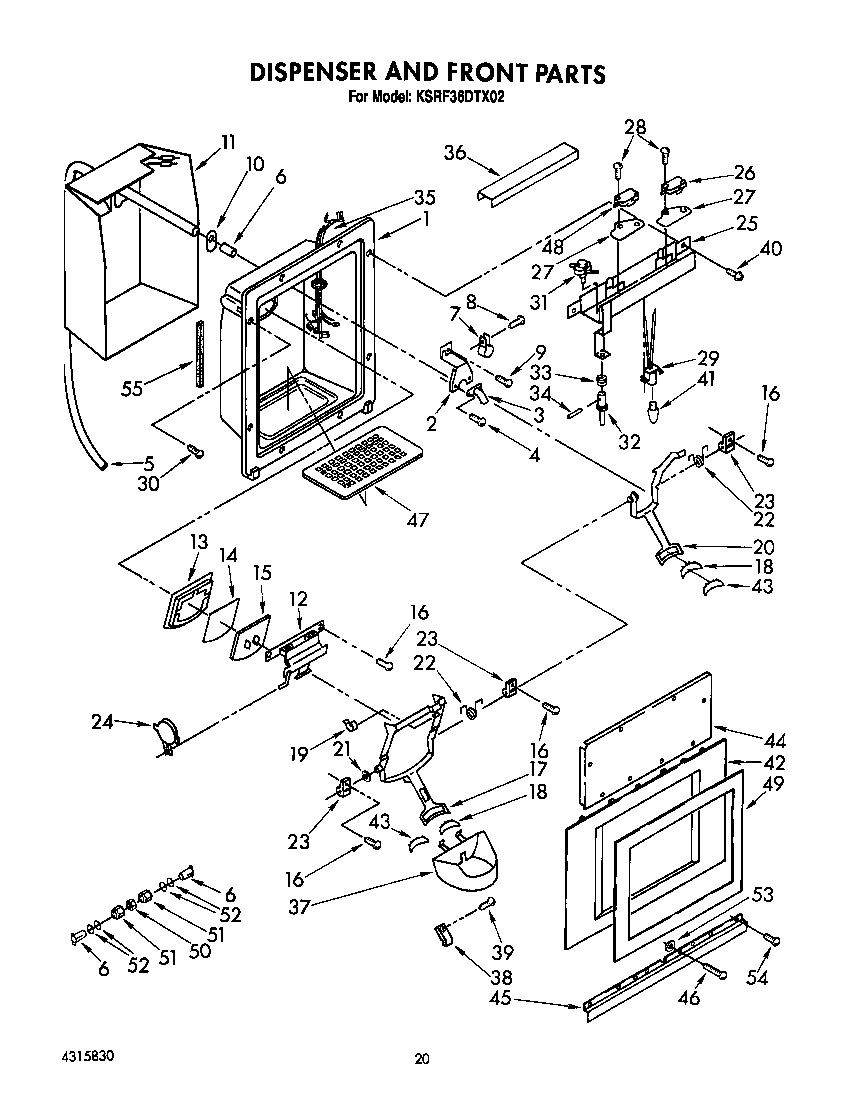 KitchenAid KSRF36DTX02 dispenser and front diagram