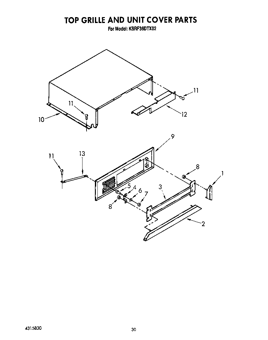 KitchenAid KSRF36DTX02 top grille and unit cover diagram