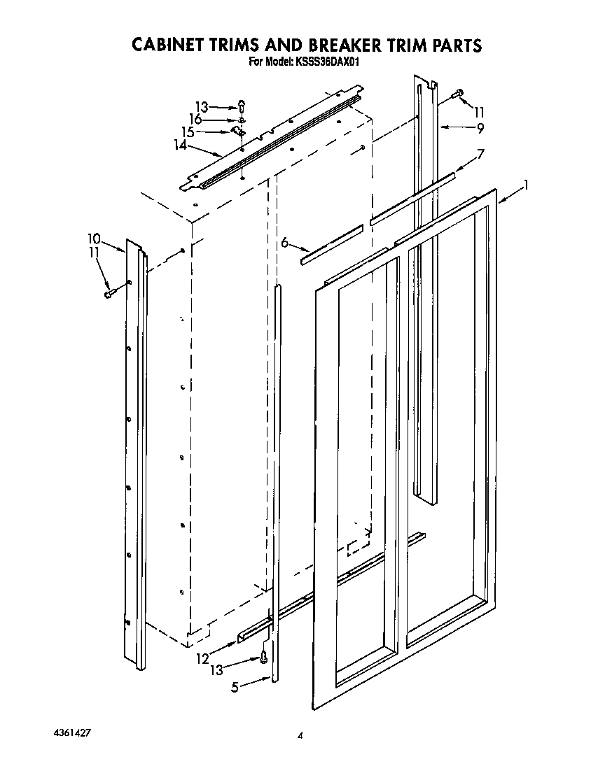 KitchenAid KSSS36DAX01 cabinet trims and breaker trim diagram