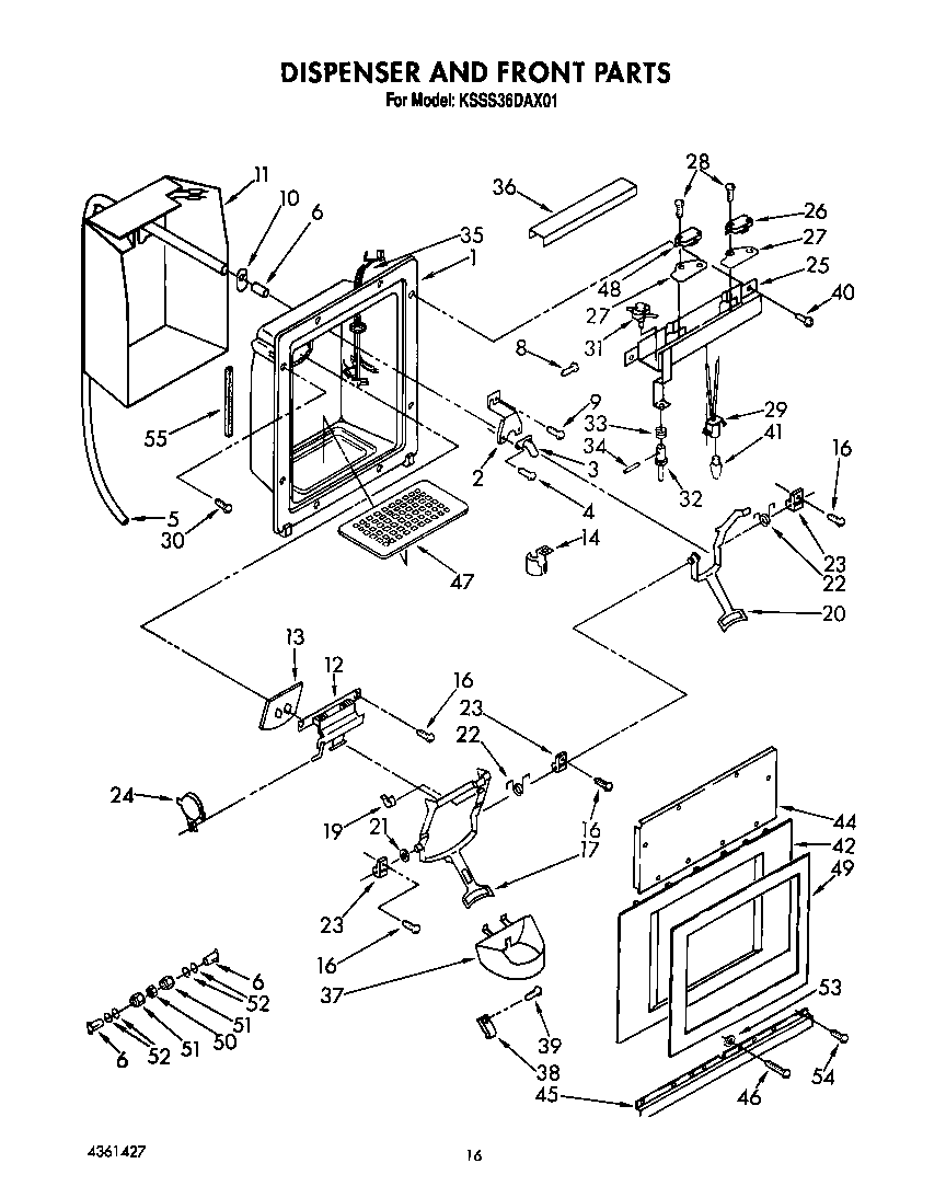 KitchenAid KSSS36DAX01 dispenser and front diagram