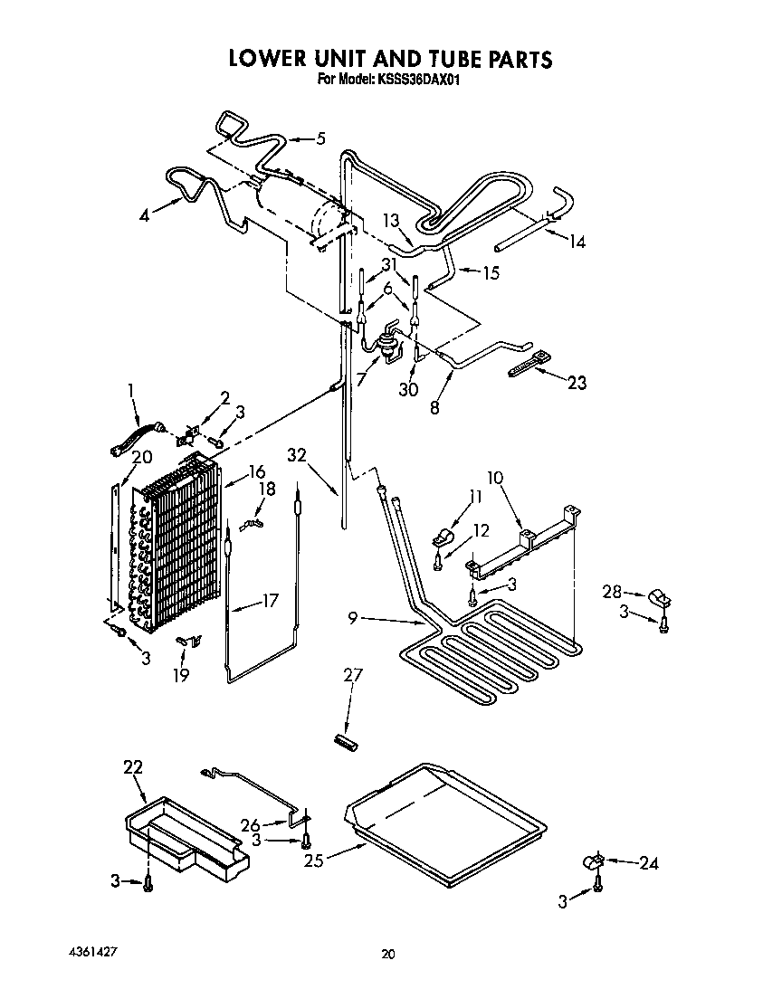 KitchenAid KSSS36DAX01 lower unit and tube diagram