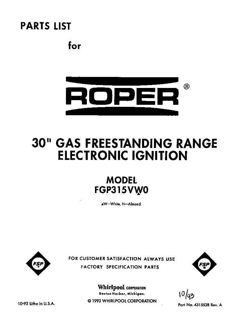 Roper FGP315VW0 front cover diagram