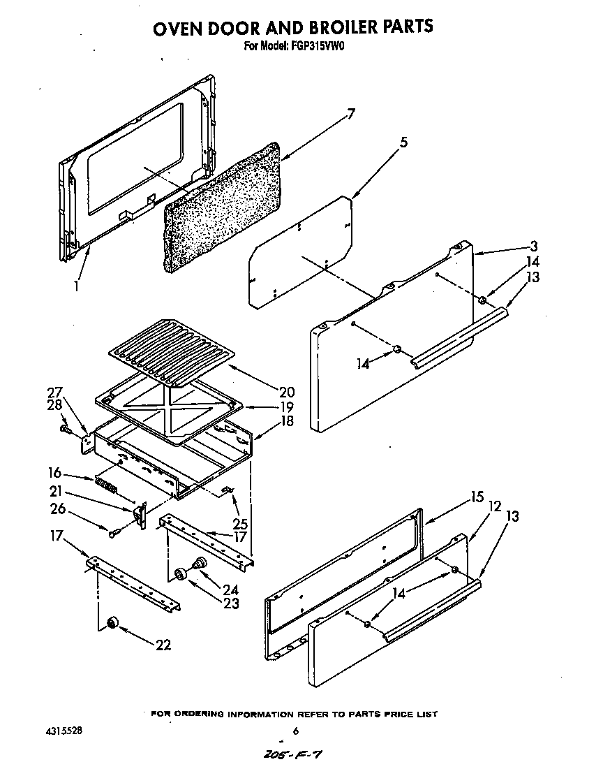 Roper FGP315VW0 oven door and broiler diagram