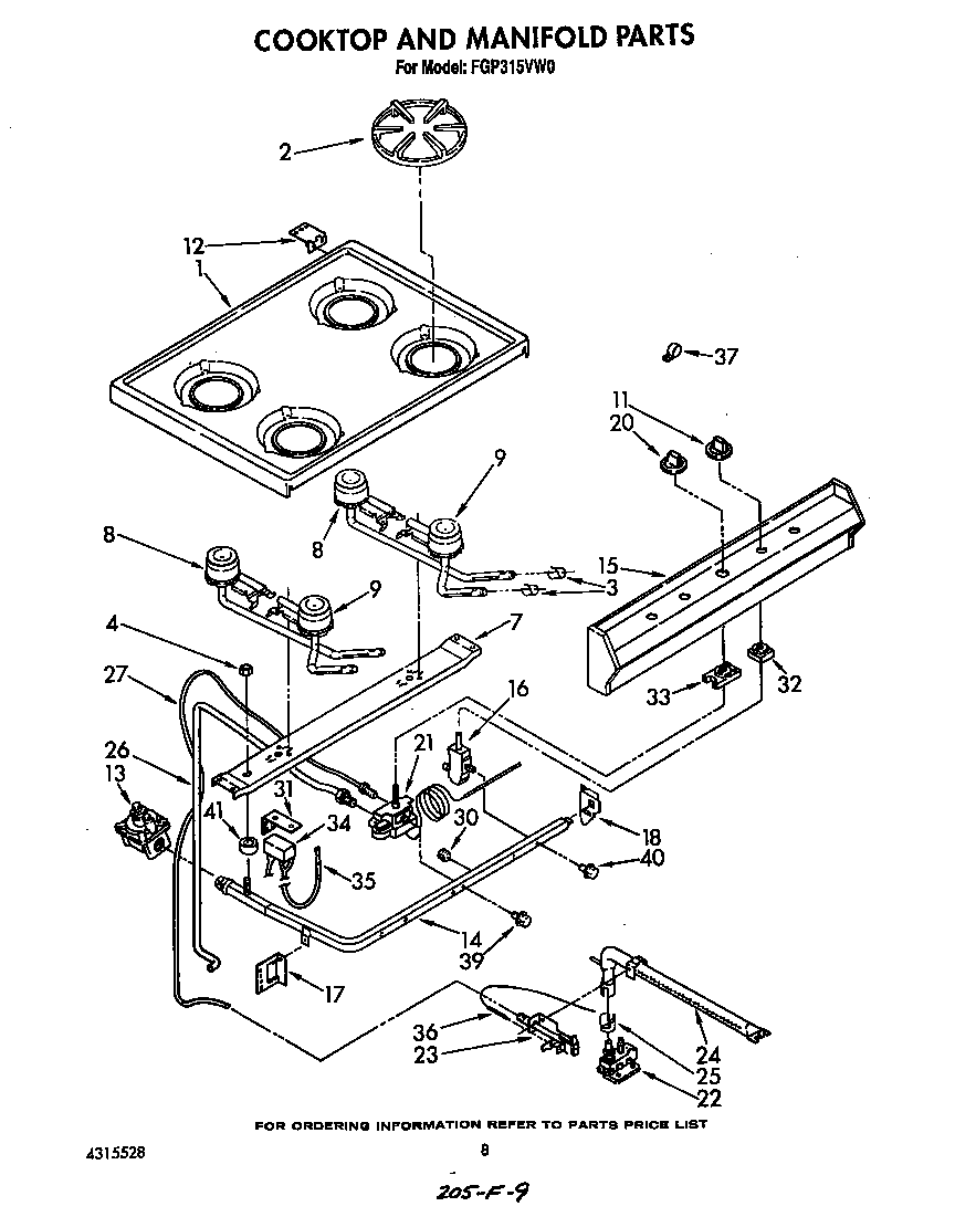 Roper FGP315VW0 cooktop and manifold diagram