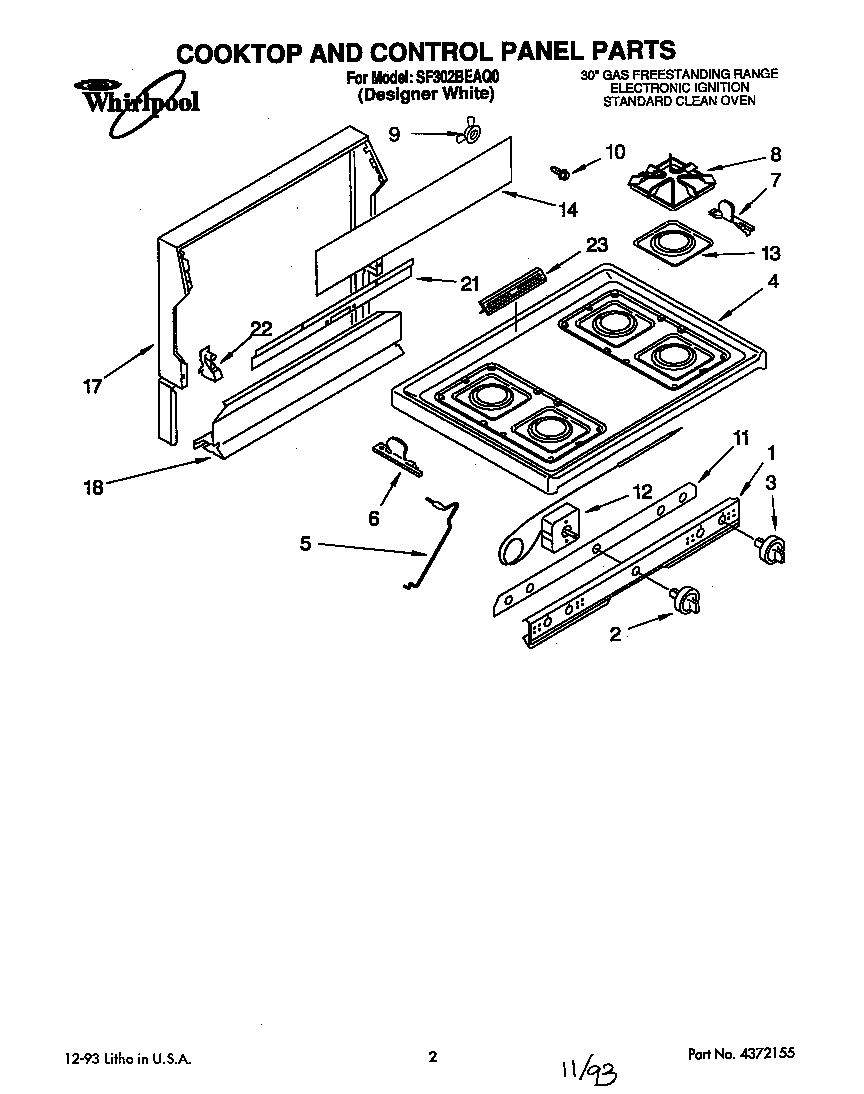 Whirlpool SF302BEAQ0 cooktop and control panel diagram
