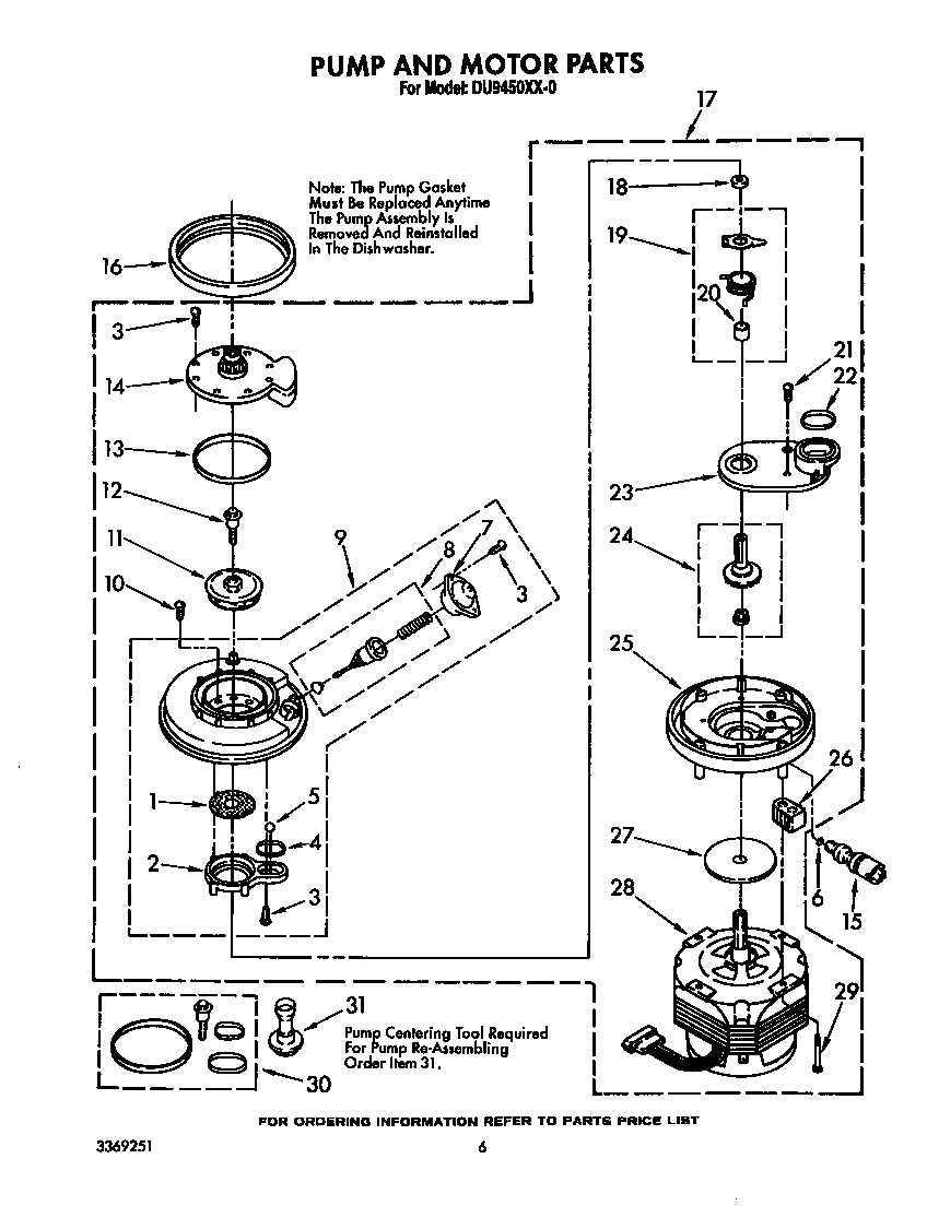 Whirlpool DU9450XX0 pump and motor diagram