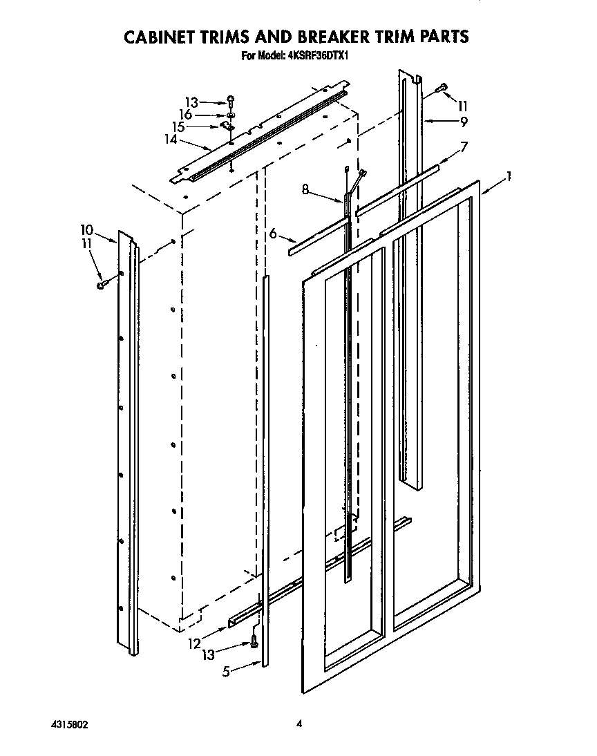 KitchenAid 4KSRF36DTX1 cabinet trims and breaker trim diagram