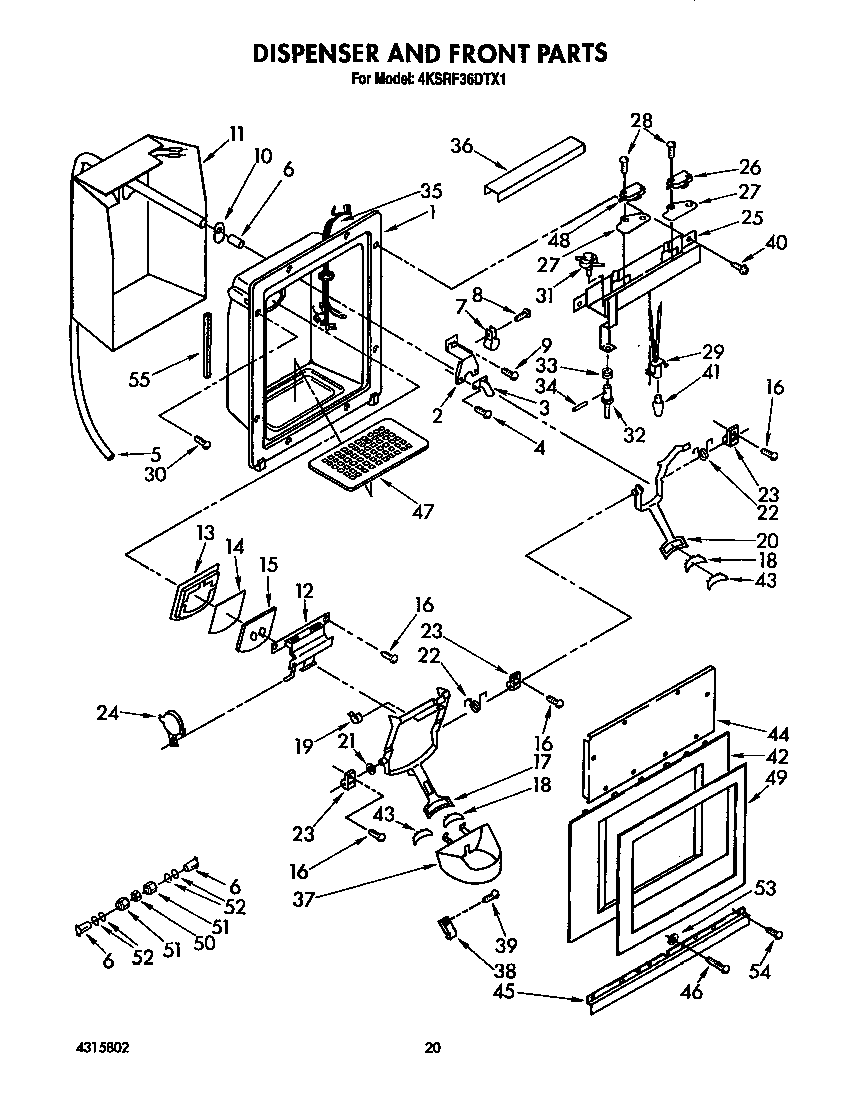 KitchenAid 4KSRF36DTX1 dispenser and front diagram