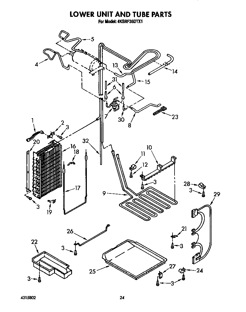 KitchenAid 4KSRF36DTX1 lower unit and tube diagram